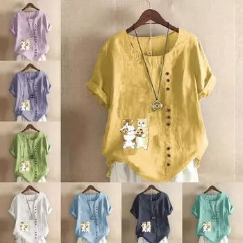 Женская мода Кошки едят пиццу с круглым вырезом и коротким рукавом Футболка Повседневная хлопково-льняная рубашка с рисунком Свободная летняя блузка для отдыха Топы больших размеров S розовый