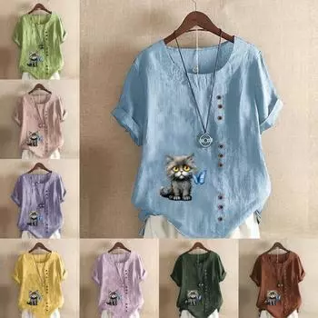 Женская мода Кошки и взаимодействие Принт с коротким рукавом Футболка Свободная хлопковая рубашка Повседневная свободная летняя блузка Топы размера плюс S розовый