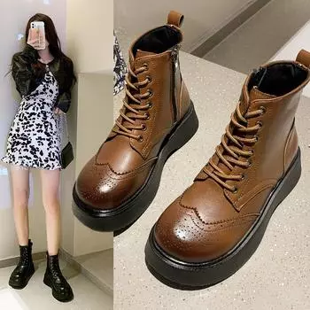 Женская мода Кожаные сапоги Осень и зима Короткие сапоги Платформа Прогулочные ботинки Повседневные ботинки Martin Boots 35 зелёный