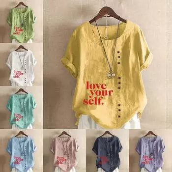 Женская мода красная футболка с круглым вырезом и коротким рукавом с буквенным принтом, повседневная хлопково-льняная рубашка с рисунком, свободная летняя блузка для отдыха, топы S розовый