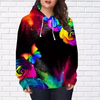 Женская мода Красная роза Бабочка Принт Свободные толстовки Топы Блузка Толстовка Повседневный длинный рукав Пуловер Топы XS красный