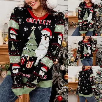Женская мода Красный Санта-Клаус Длинный рукав Круглый вырез свитер L чёрный
