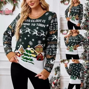 Женская мода Красный Санта-Клаус Длинный рукав Круглый вырез свитер L