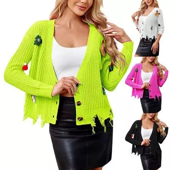 Женская мода Красный Санта-Клаус Длинный рукав V-образный вырез свитер кардиган L чёрный