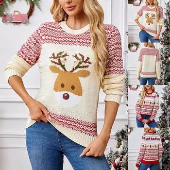 Женская мода Красный Санта-Клаус с длинным рукавом и круглым вырезом Рождественский свитер XXL красный