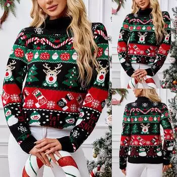 Женская мода Красный Санта-Клаус с длинным рукавом и круглым вырезом Рождественский свитер L чёрный