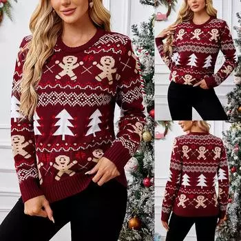 Женская мода Красный Санта-Клаус с длинным рукавом и круглым вырезом Рождественский свитер L винный