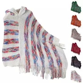 Женская мода красочный полосатый капюшон вязаный бахрома накидка шаль женский свободный пуловер свитер One Size чёрный