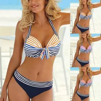 Женская мода Красота галстук-бабочка в полоску висит шеи жесткий покрытый сексуальный купальник бикини M жёлтый