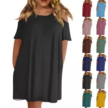 Женская мода круглый вырез без бретелек с коротким рукавом повседневное однотонное свободное платье с карманами L чёрный
