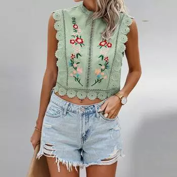 Женская мода Круглый вырез Без рукавов Кружево Кружево Вышивка Ажурная футболка Шифоновый топ L зелёный