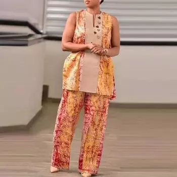 Женская мода круглый вырез без рукавов принтованные топы брюки комплекты S жёлтый