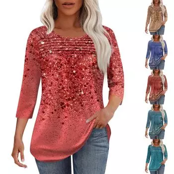 Женская мода круглый вырез горловины плиссированная передняя планка топ рукав 3/4 XXL винный