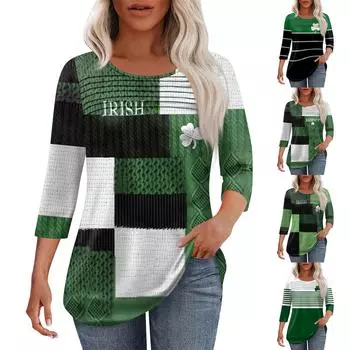 Женская мода круглый вырез горловины плиссированная передняя планка топ рукав 3/4 L