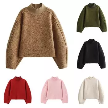 Женская мода круглый вырез однотонный длинный рукав базовый пуловер свитшот топ L бежевый