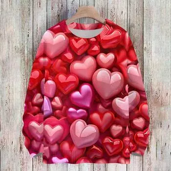 Женская мода круглый вырез повседневный длинный рукав с принтом ко Дню святого Валентина шерстяной трикотажный топ L горячий розовый