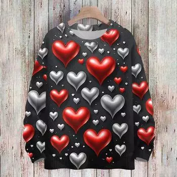 Женская мода круглый вырез повседневный длинный рукав с принтом ко Дню святого Валентина шерстяной трикотажный топ L чёрный
