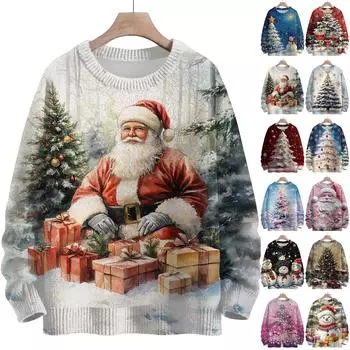 Женская мода круглый вырез повседневный длинный рукав рождественский милый принт шерстяной трикотажный топ L бежевый