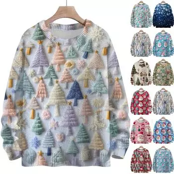 Женская мода круглый вырез повседневный длинный рукав рождественский милый принт шерстяной трикотажный топ L бежевый