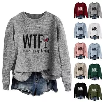 Женская мода круглый вырез повседневный длинный рукав с принтом в честь Дня благодарения шерстяной трикотажный топ L армия зеленый