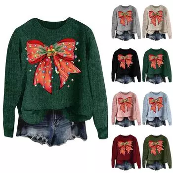 Женская мода круглый вырез повседневный длинный рукав рождественский принт шерстяной трикотажный топ S