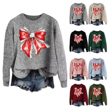 Женская мода круглый вырез повседневный длинный рукав рождественский принт шерстяной трикотажный топ XXXL чёрный