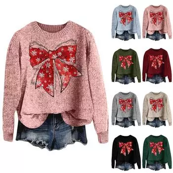 Женская мода круглый вырез повседневный длинный рукав рождественский принт шерстяной трикотажный топ L