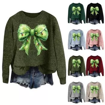 Женская мода круглый вырез повседневный длинный рукав рождественский принт шерстяной трикотажный топ M розовый