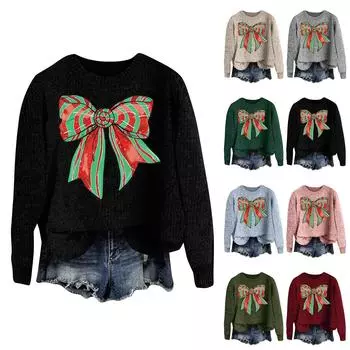 Женская мода круглый вырез повседневный длинный рукав рождественский принт шерстяной трикотажный топ XXXL красный