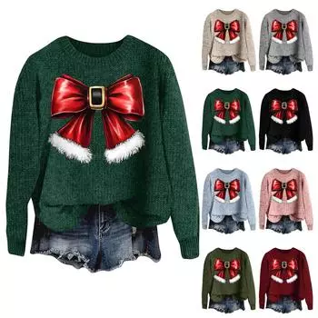 Женская мода круглый вырез повседневный длинный рукав рождественский принт шерстяной трикотажный топ L