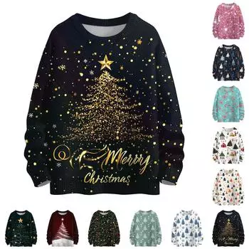 Женская мода круглый вырез повседневный длинный рукав рождественский милый принт шерстяной трикотажный топ XXL