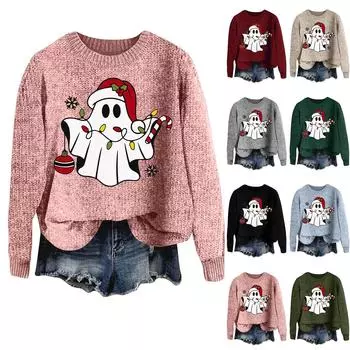 Женская мода круглый вырез повседневный длинный рукав рождественский принт шерстяной трикотажный топ M