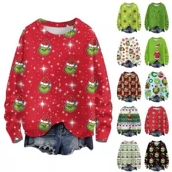 Женская мода круглый вырез повседневный длинный рукав рождественский принт шерстяной трикотажный топ M
