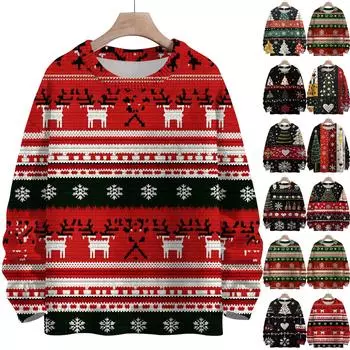 Женская мода круглый вырез повседневный длинный рукав рождественский милый принт шерстяной трикотажный топ S