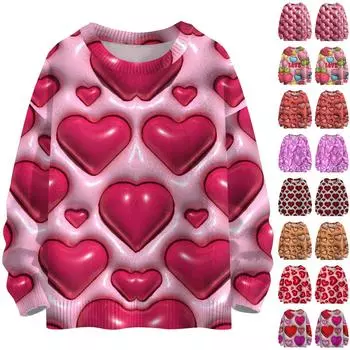 Женская мода круглый вырез повседневный длинный рукав с принтом ко Дню святого Валентина шерстяной трикотажный топ XXXL розовый