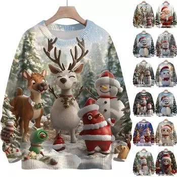 Женская мода круглый вырез повседневный длинный рукав рождественский милый принт шерстяной трикотажный топ L белый