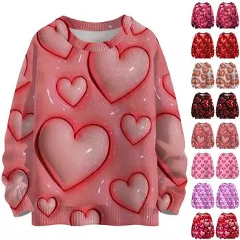 Женская мода круглый вырез повседневный длинный рукав с принтом ко Дню святого Валентина шерстяной трикотажный топ XXL винный