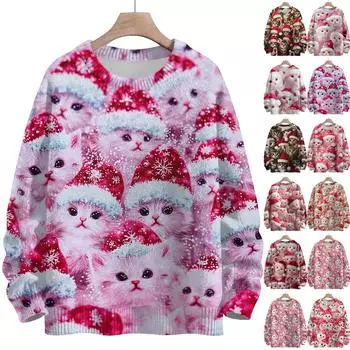 Женская мода круглый вырез повседневный длинный рукав рождественский милый принт шерстяной трикотажный топ L бежевый