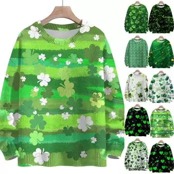 Женская мода круглый вырез повседневный длинный рукав St. Вязаный топ с принтом Патрика XXL