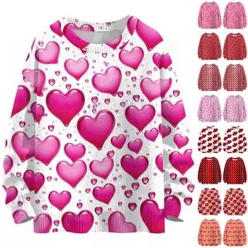 Женская мода круглый вырез повседневный длинный рукав с принтом ко Дню святого Валентина шерстяной трикотажный топ L