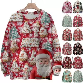 Женская мода круглый вырез повседневный длинный рукав рождественский милый принт шерстяной трикотажный топ XXXL чёрный