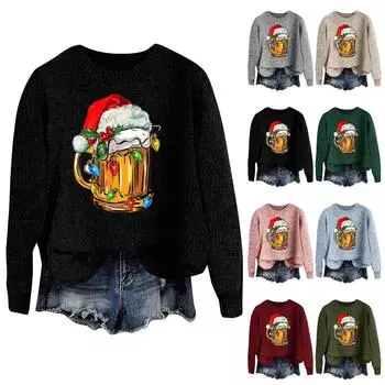 Женская мода круглый вырез повседневный длинный рукав рождественский принт шерстяной трикотажный топ L армия зеленый