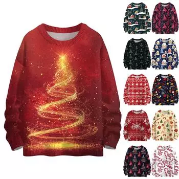 Женская мода круглый вырез повседневный длинный рукав рождественский милый принт шерстяной трикотажный топ XXL красный