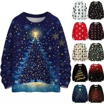 Женская мода круглый вырез повседневный длинный рукав рождественский милый принт шерстяной трикотажный топ M