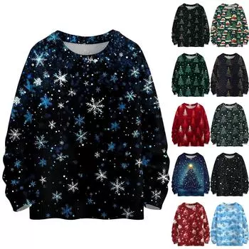 Женская мода круглый вырез повседневный длинный рукав рождественский милый принт шерстяной трикотажный топ XL