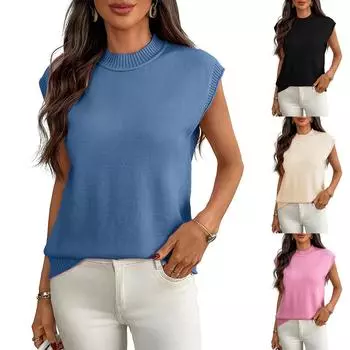 Женская мода круглый вырез повседневный однотонный свитер жилет топ L чёрный