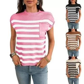 Женская мода круглый вырез повседневный полосатый свитер жилет топ L чёрный