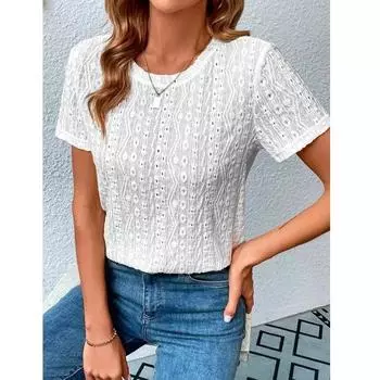 Женская мода круглый вырез пуловер ажурная рубашка блузка однотонный цвет с короткими рукавами винтажный повседневный L чёрный