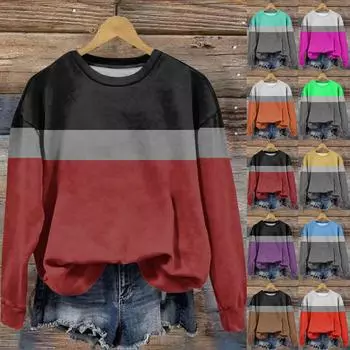 Женская мода круглый вырез пуловер длинный рукав футболка пэчворк принтованный топ L синий