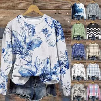 Женская мода круглый вырез пуловер длинный рукав футболка цветочный принт топ L чёрный